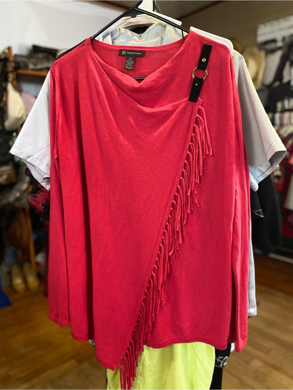 INC International Concepts Bright Pink Fringe Asymmetric Sweater
